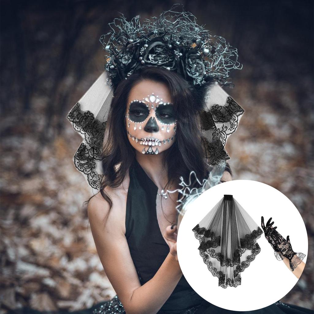 Geheimnisvolle Dame Halloween Schwarzer Spitzen Schleier und Handschuhe Set Atmungsaktive und Bequeme Kopfbedeckungen Party Kopfschmuck