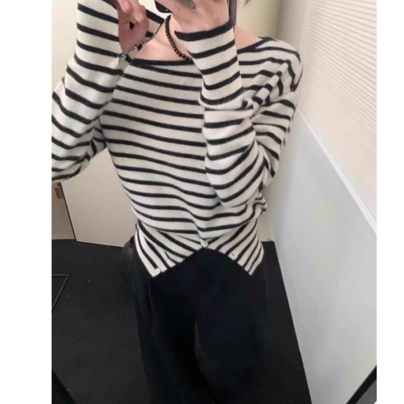 Elegant Loose Slanted Shoulder Knitted Pullover Striped Sweater Casual Gentle Autumn Women Fashion Long Sleeve Tops Loose Casual Office Thin Clothing