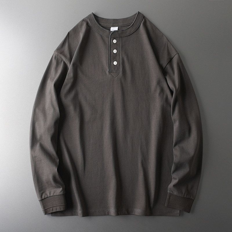 Henley Shirt American Style Heavy Men's Long-Sleeved 100% Cotton Coat Foreign Trade Export Original Last Order Men's G Henry Collar T-shirt