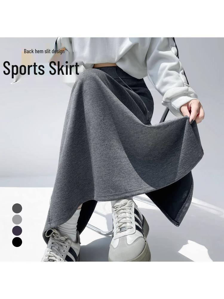 Women's Gray Elastic Waist A-Line Mini Skirt - Sporty High Waist, Bodycon, Slit, Casual Autumn Wear for Petite