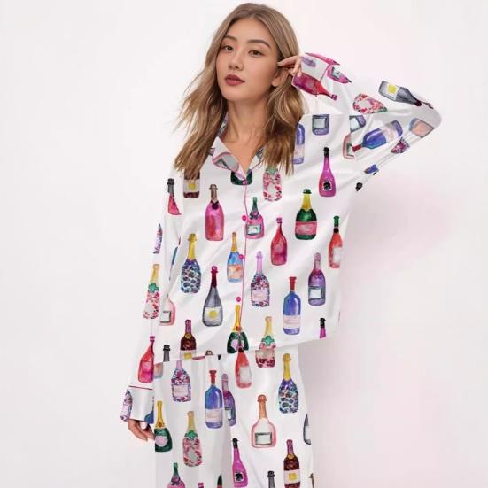 Women's Champagne Bottle Pajamas Set Long Sleeve Button Down Shirt And Pants Sleepwear Set Casual Wine Glasses Print 2 Piece Homewear Set