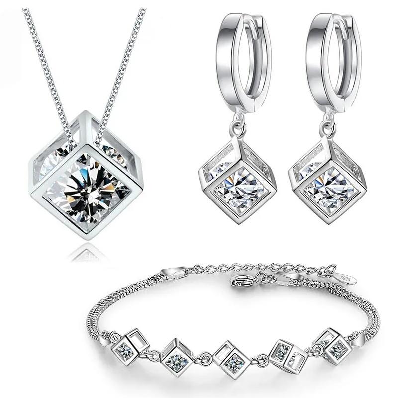 Moissanite Jewelry Cube Zircon Jewelry Sets for Women Necklace Bracelet Earrings Trend Statement Jewelry