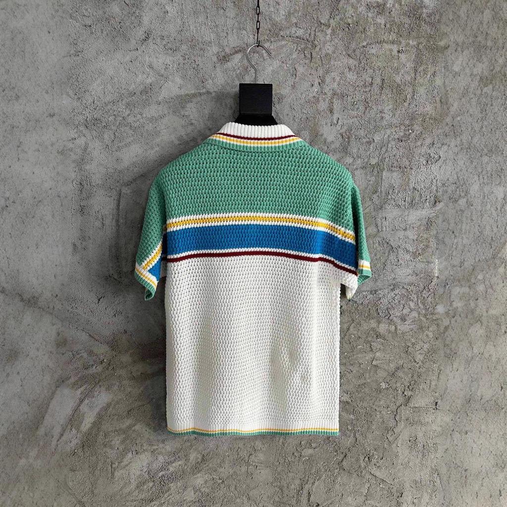 Auf Lager CASABLANCA Handgestrickter gestreifter Pullover-Cardigan aus reiner Baumwolle