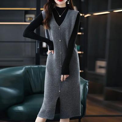Women Medium To Long Knitted Knee Length Vest Autumn Sleeveless  Solid Skirt