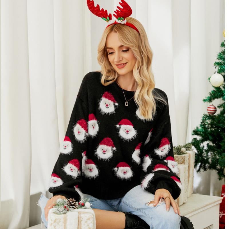 Свитер из флисовой вязки с лицом Санты, свободного кроя, теплый пуловер, рукав-фонарик, удобная праздничная толстовка, семейный комплект, праздничная одежда S чёрный