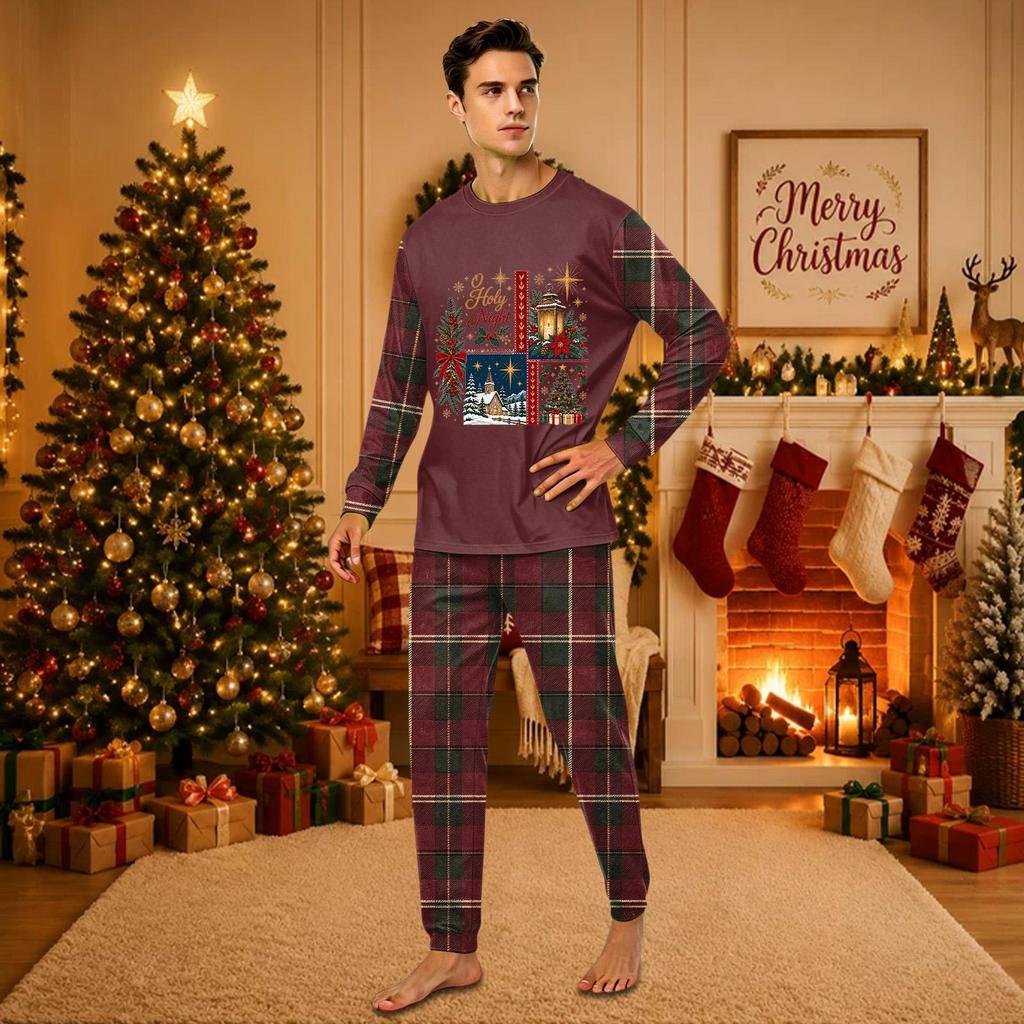 Christmas-print long-sleeve and long-pant matching family loungewear set