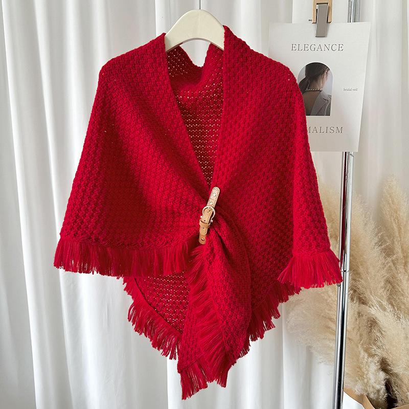 

New Autumn And Winter Tassel Cape Shawl Korean Style All-Match Thick Warm Neck Protection Solid Color Knotted Scarf 200X120CM