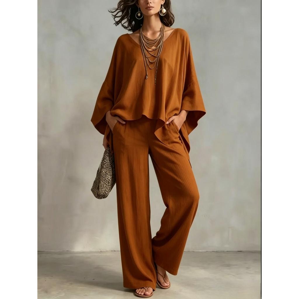 Women's new loose V-neck top high waist wide legs casual vacation style solid color suit