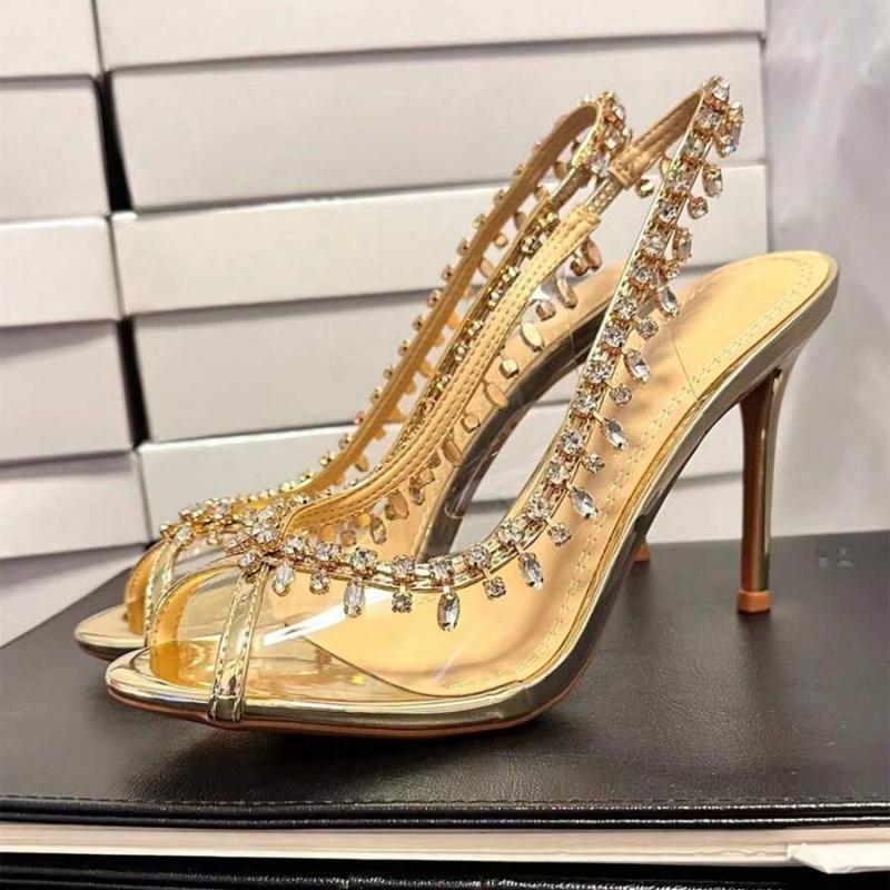 Spring/summer Women's High-heeled Peep-toe Sandals Rhinestone Chain Detail, Slingback Style, Perfect For Formal Events