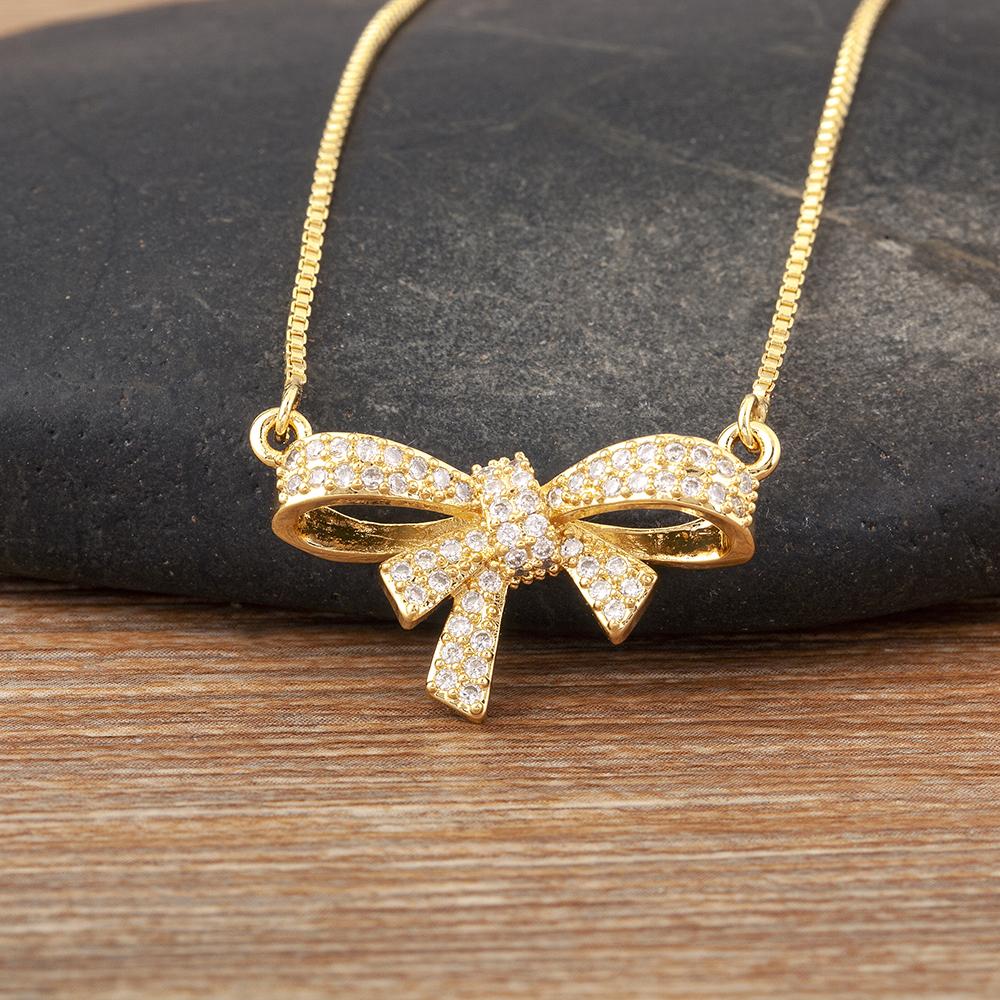 Nidin Korea Popular Bowknot Shape Shine Zircon Fine Pendant Necklace 7 Styles For Female Fashion Cute Chain Choker Jewelry Gifts