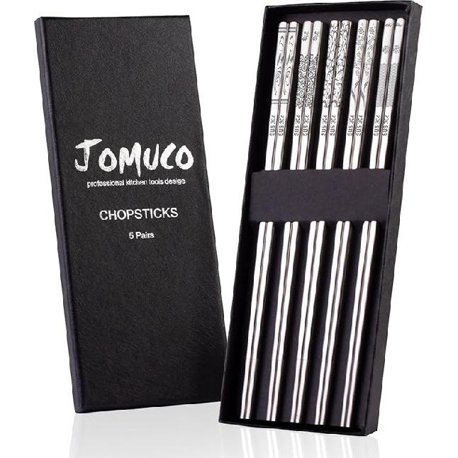 Reusable Chopsticks Set - 5 Pairs, Non-slip Stainless Steel, Dishwasher Safe, Laser Engraved Pattern (Silver)