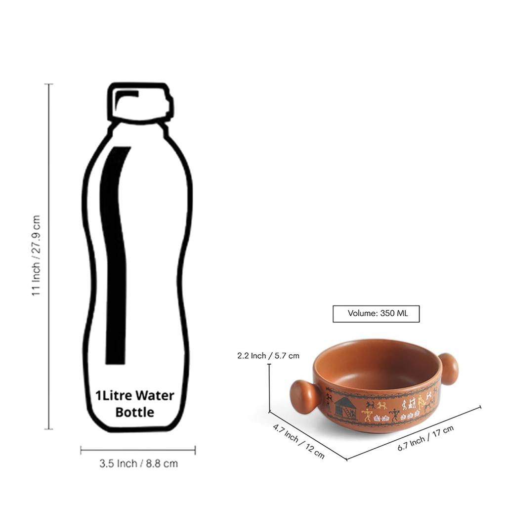 'Warli Village Tales'Ceramic Bowl Ceramic Serving Bowls Set with Handle Snack Bowl (Set of 2, 350 Ml, Microwave Safe, Handcrafted, Mud Brown)
