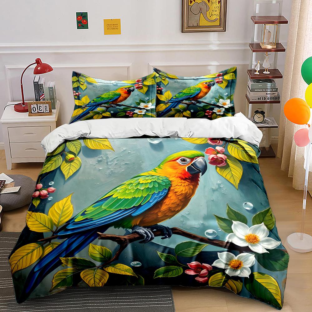 Colorful Parrot With Blooming Branch Print Soft Comfortable Duvet Cover Bedding Set Included 1*Duvet Cover  2*Pillowcases