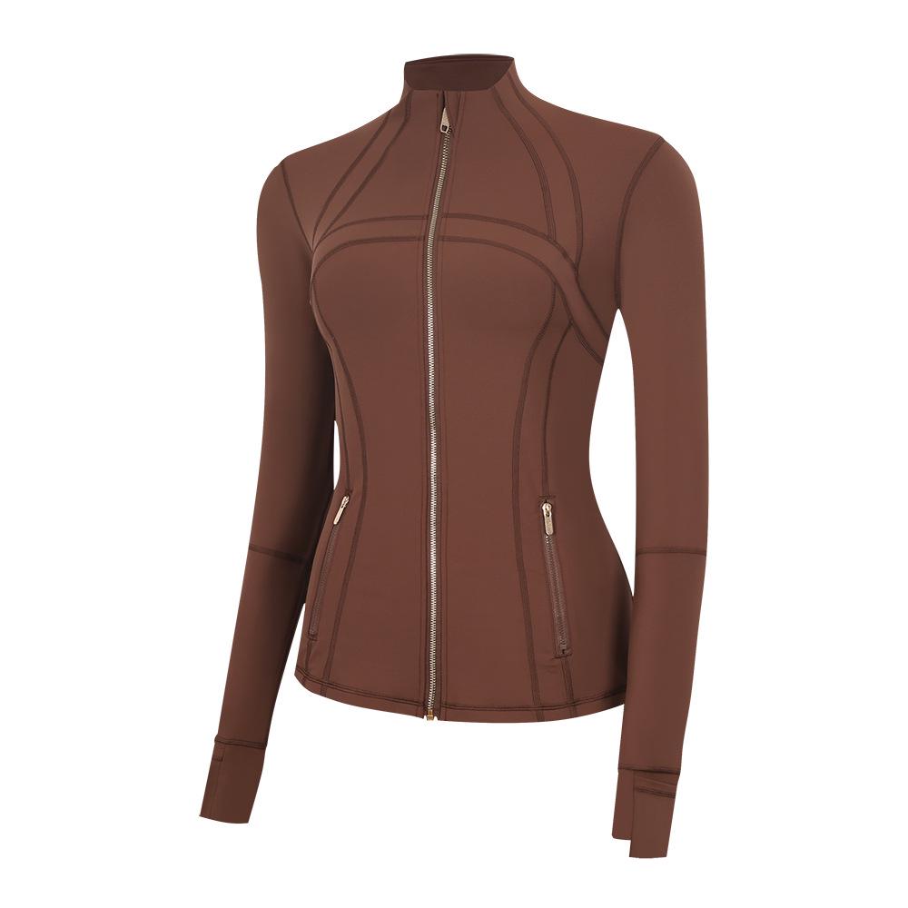 In Stock: LU Women's Slim Fit Yoga Jacket with Gold Zipper - Stand Collar Running Top