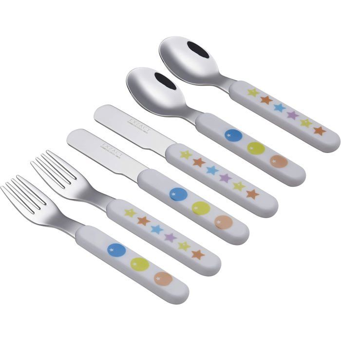 Couverts pour enfants - exzact - 6 pièces - inox 18/10 - poignées en plastique - motifs étoiles et points