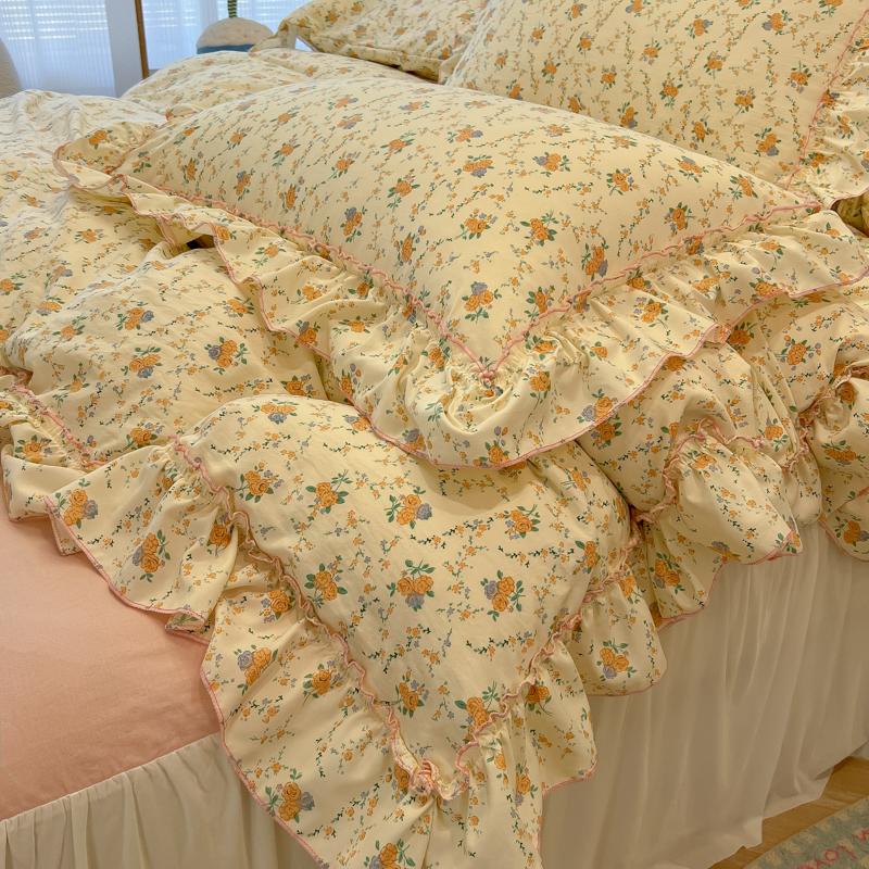 3/4Pc Korean Princess Style Floral Ruffles Bedding Set Single Queen Size Soft Skin-friendly Washed Cotton Duvet Cover Pillowcase