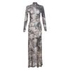 New Fashion Mesh Printing Perspective Turtleneck Dress Spring and Summer Slim and Thin Dresses Streetwear Long Sleeve Maxi Dress Party Women Clothing