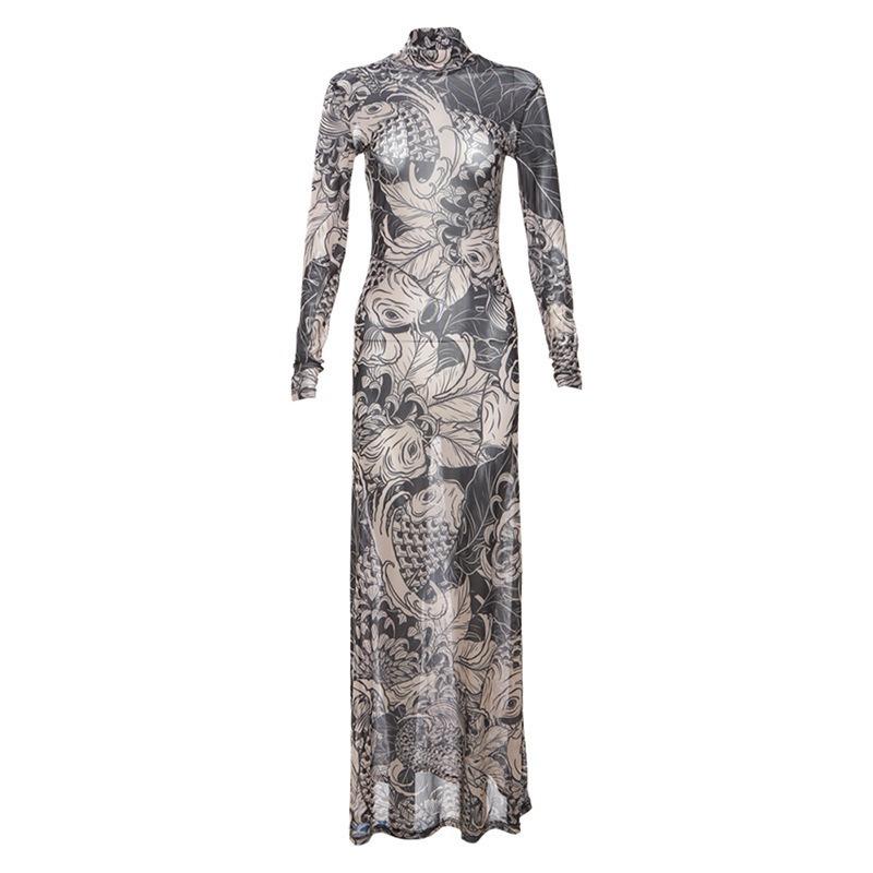 New Fashion Mesh Printing Perspective Turtleneck Dress Spring and Summer Slim and Thin Dresses Streetwear Long Sleeve Maxi Dress Party Women Clothing