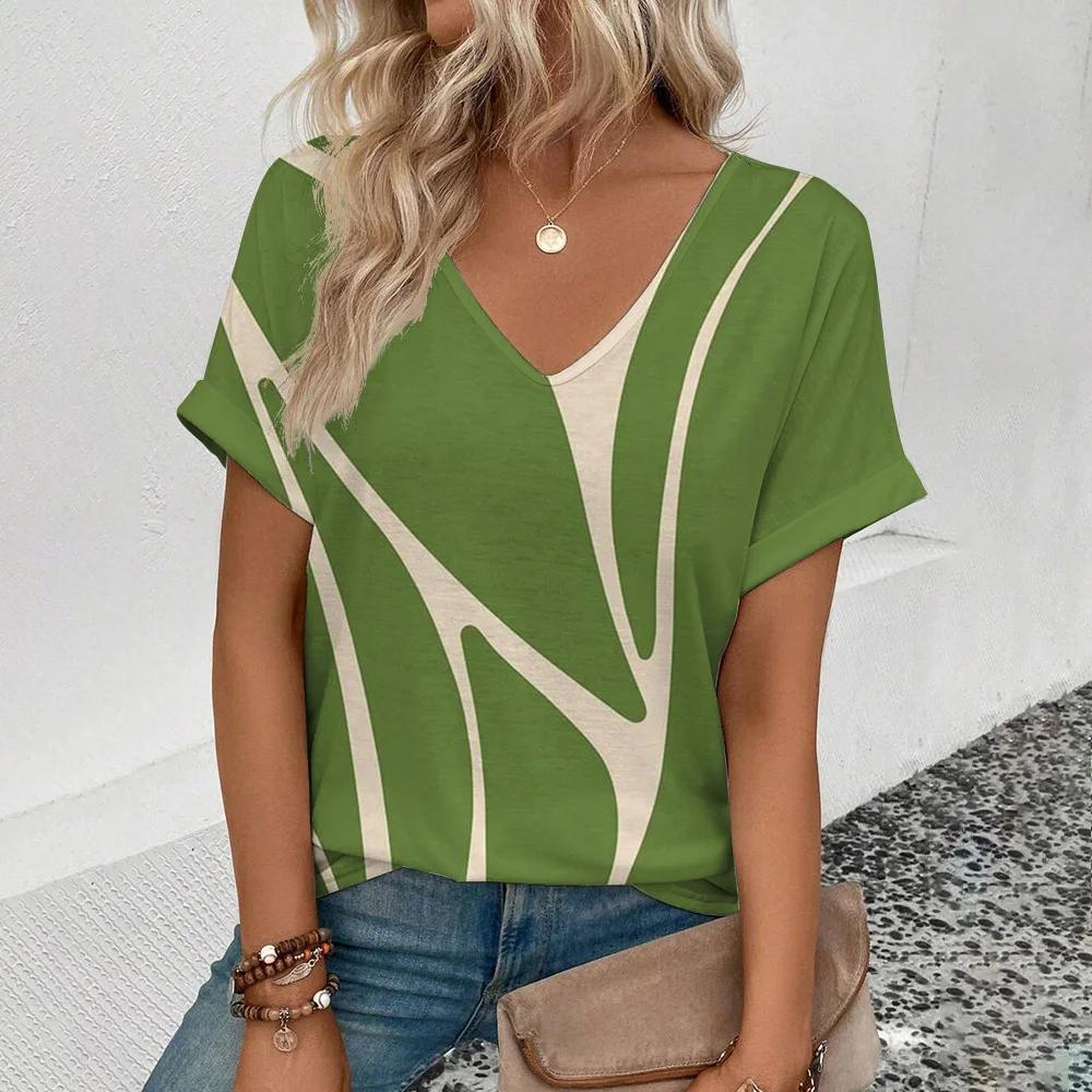 Sommer Damen T-Shirt Mode Kunst Linien Druck V-Ausschnitt Oberteile Tees Weiblich Lässig Stilvoll Kurzarm Kleidung Outdoor Vintage Outfit