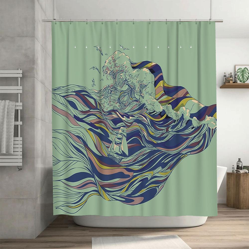 Japanese Wave Art Shower Curtain Ocean Beach Coastal Bathroom Decor Sea Liner Backdrop Japanese Style Home Textile