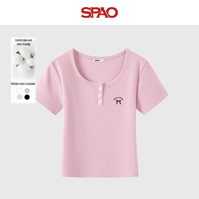 SPAO Women s U-Neck Cropped Knit T-Shirt with Bowknot S
