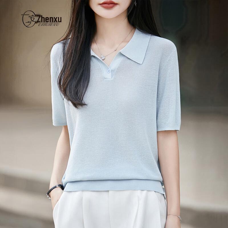 Zhenxu Women's Tencel Linen Polo Knit Top