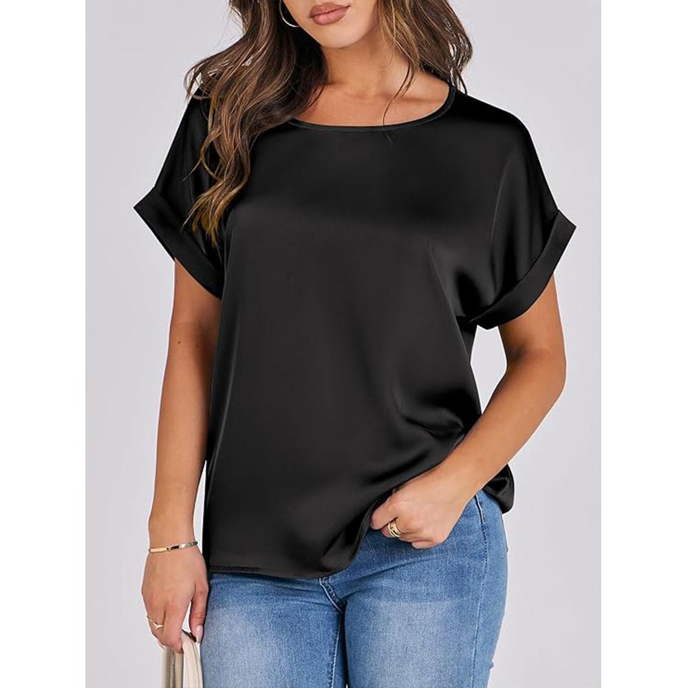 Women's Summer Dressy Casual Short Sleeve Shirts Crewneck Silk Satin Business Office Work Blouse Tops