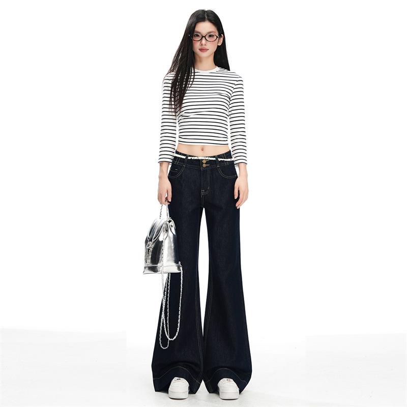 Women s Dark Blue Retro Double-Button Micro-Flare Low-Waisted Jeans, 2026 Spring Collection Small