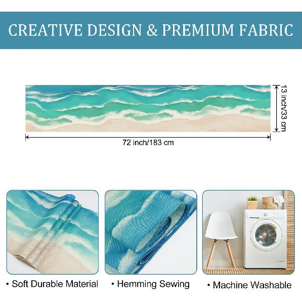 Bonhause Coastal Beach Table Runner 13x72 Inch Teal Blue Summer Ocean Kitchen Dinning Table Decoration for Indoor Outdoor Home Party Decor