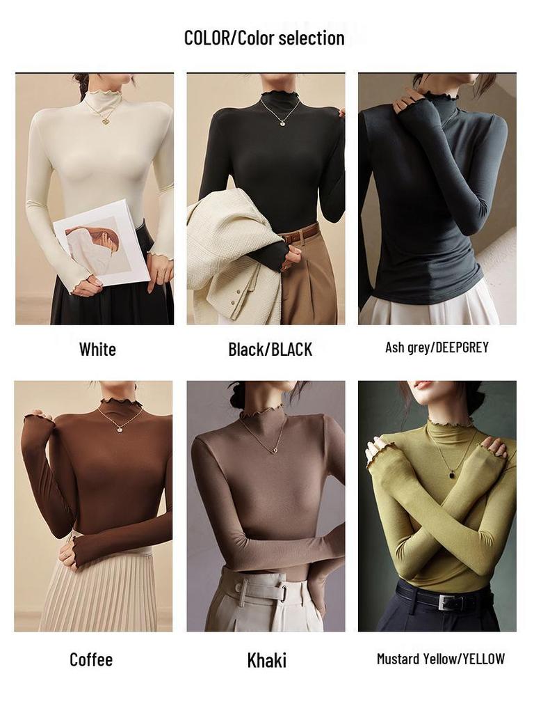 Women's Modal Half-High Neck Base Layer Top, Slim Fit, Ruffle Trim, Long Sleeve Inner Wear for Spring, Autumn, Winter 2025, High-Quality Feel