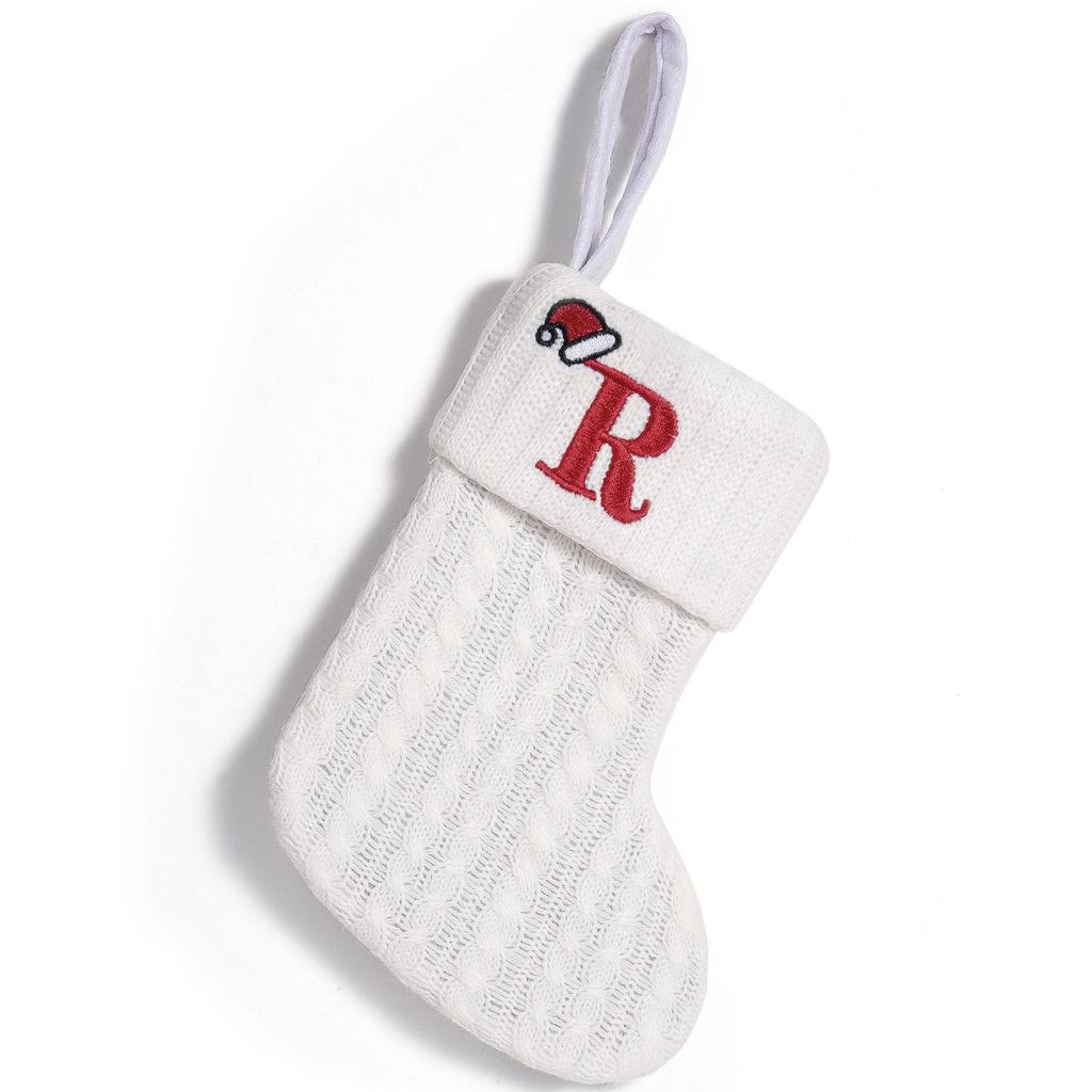 Cross-Border White Knitted Christmas Stocking with Letter Embroidery – Decorative Gift Bag Ornament.