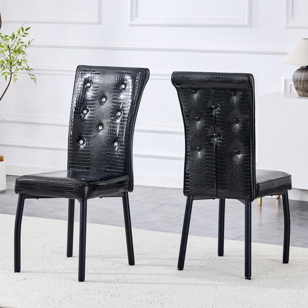 A Set of 2 Black Vintage Crocodile Leather Upholstered Dining Chairs, with Crystal Buckle and Faux Leather, Add Elegance and Mystery To Dining Area