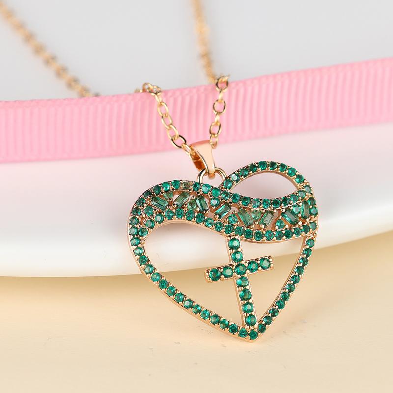 Women's Heart With Cross Necklace Love Heart White Cubic Zirconia Gold Color Clavicle Chain Gift