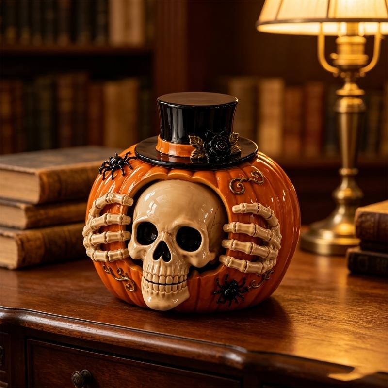 Halloween Skull Pumpkin Treat Candy Storage Jar Resin Candy Container for Candy Storage, Dessert Table Use, Shelf Display, Entry Table Placement