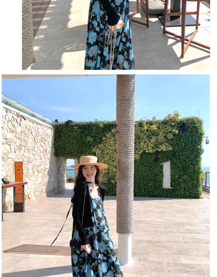 Blue Floral Strappy Chiffon Dress - Women's 2026 Summer Elegant Beach Style