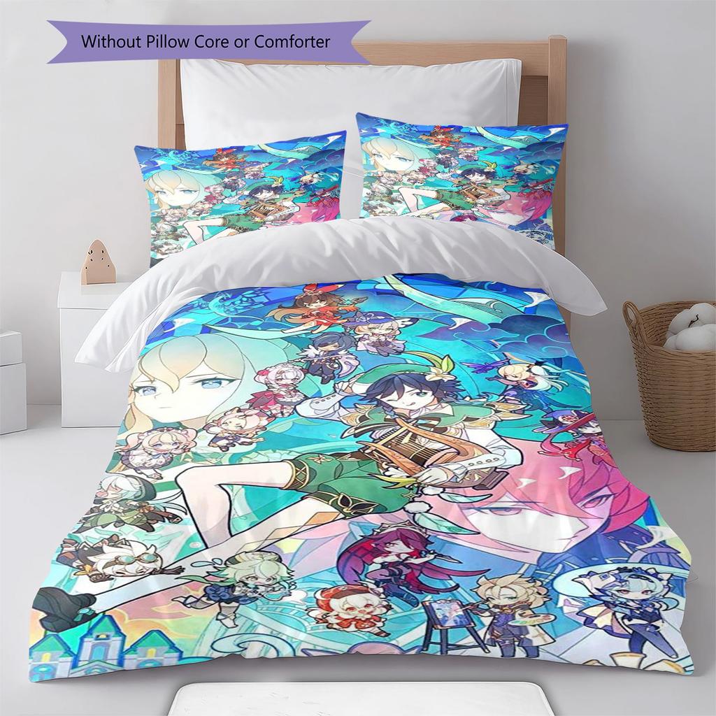 Genshin Impact Pattern Bedding Set Quilt Cover Pillowcase Home Decor Gift (1 * Duvet Cover + 2 * Pillowcase, Without Core)