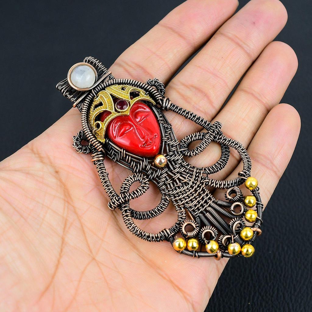 Carved Red Face & Moonstone Jewelry, 999 Copper Wire Wrapped Pendant Handmade Gemstone Jewelry, Gifts For Wife Brand New Pendant