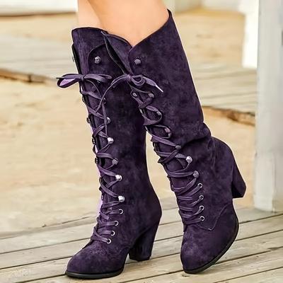 Women's Solid Color Chunky Heel Boots, Fashion Lace Up Dress Boots, Women's Comfortable Knee High Boots