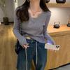 Gray Lace V-Neck Knit Sweater - Women's Slim Fit Long Sleeve Hollow Out Top for Autumn/Winter