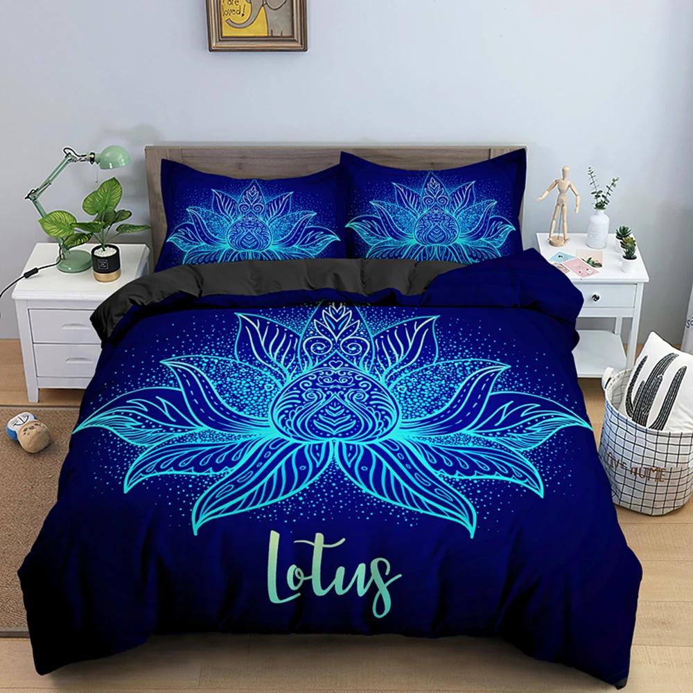 2/3dílná Sada na postel Bohemian Lotus Sada povlaku na přikrývku Mandala Květinový povlak na přikrývku Pro dospělé Černá Polyesterová sada ložního prádla Queen King Twin Pro teenagery