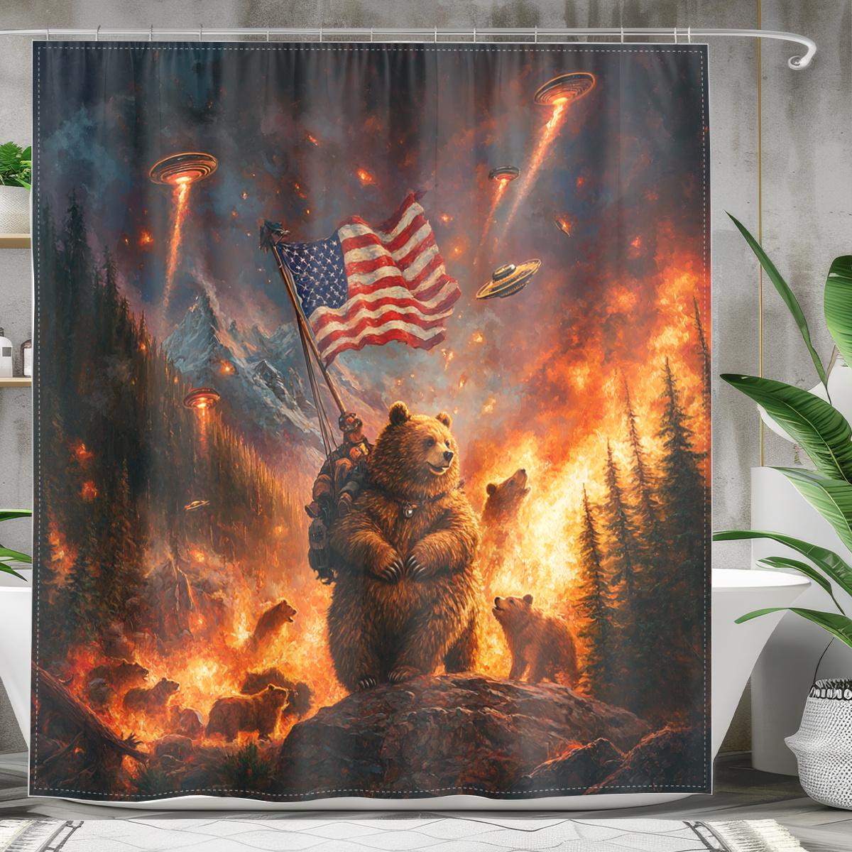 

1Pc Patriotic Bear & American Flag Digital Printed Polyester Shower Curtain With Hooks - Firefighter & Wilderness Scene, Machine W60H190(CM)-1 Pcs