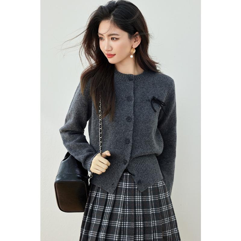 

Korean Style Women Bow Knitted Cardigan O Neck Gray Knitting Casual Outerwear Spring Autumn Ladies Basic Warm Overcoat One Size серый