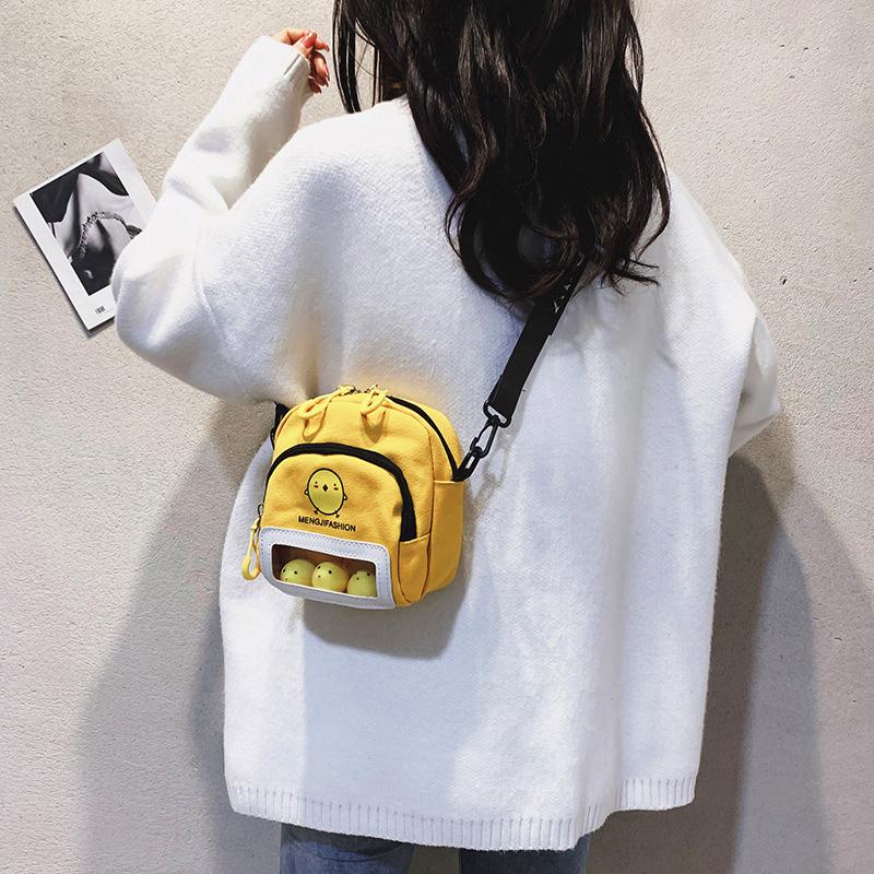New Cute Cartoon Chicken Canvas Shoulder Bags for Women Mini Crossbody Bag Transparent Window Mobile Phone Bag Lady's Square Bag