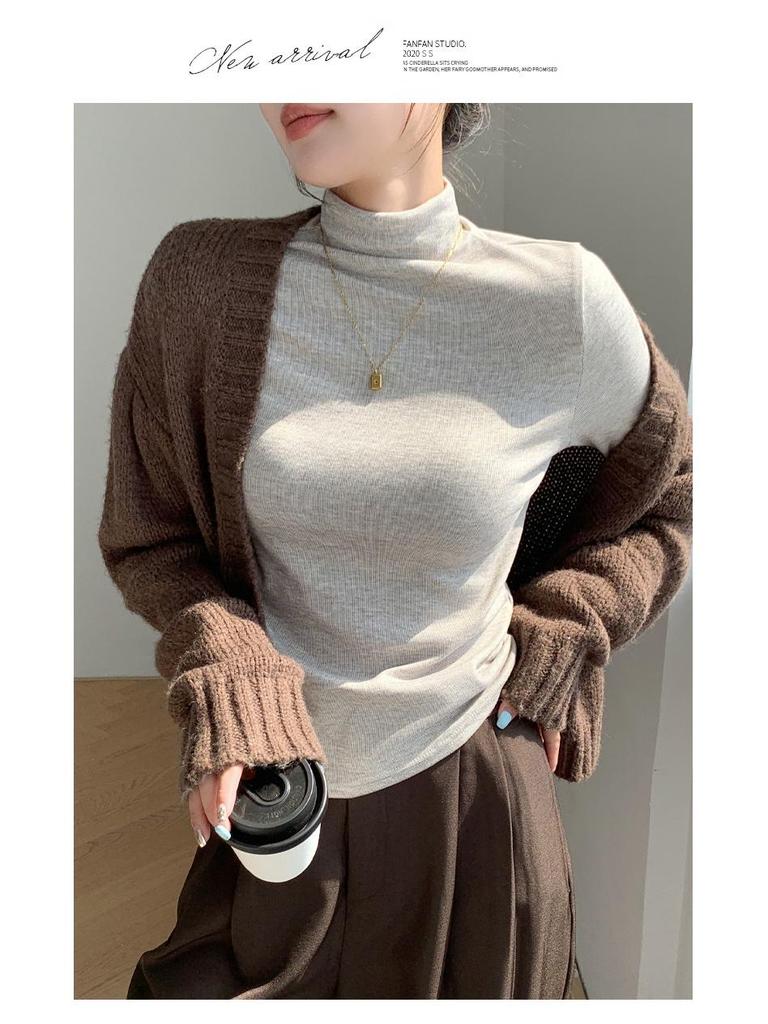 Women's H393 High Neck Warm Slimming Long Sleeve Top - Autumn/Winter Solid Color Versatile Mid-Neck Base Layer Shirt.