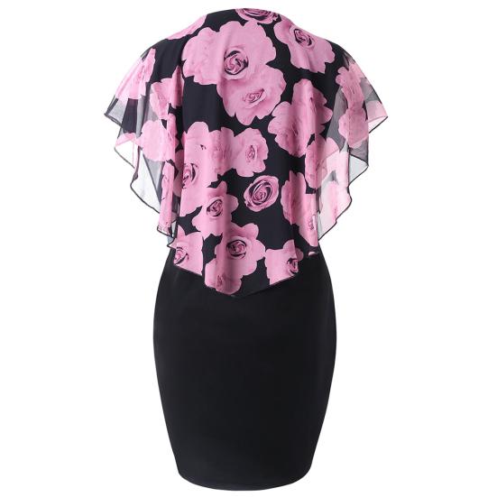 Plus Size Elegant Office Lady Rose Flower Print Cape Bodycon Knee Length Dress