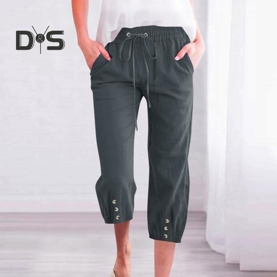 Women Cropped Pants Elastic Waist Adjustable Drawstring Casual Trousers with Pockets Sporty Loose Leg Design Mid-calf Pants