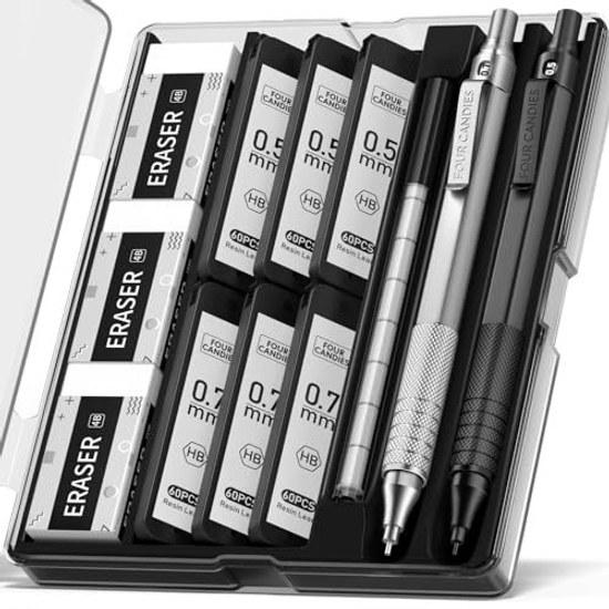 Four Candies Metal Mechanical Pencil 2-Piece Set 0.50.7 Mm Pencils 360 HB Replacement Leads Eraser Case Included Stationery Black Silver