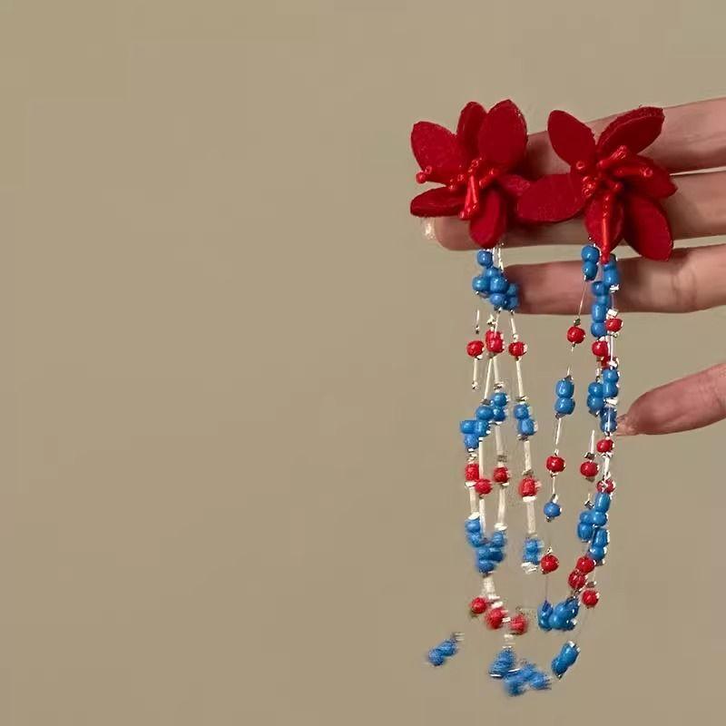 Vintage kontrastierende Blumen Perlen Quasten Ohrringe Sommer süßes Mädchen Herz Ohrringe Reise Foto Urlaubsstil Ohrringe