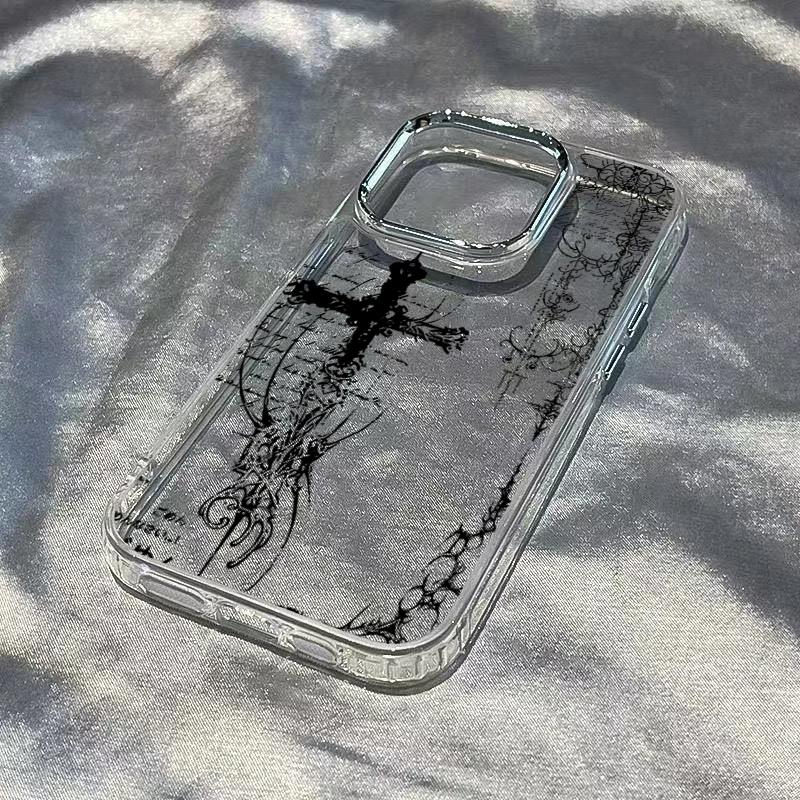 The Dark Cross Electroplated Lens Frame Clear Phone Case for iPhone 17 Air 16 15 14 13 12 11 Pro Max XS Max X TPU Soft Cover