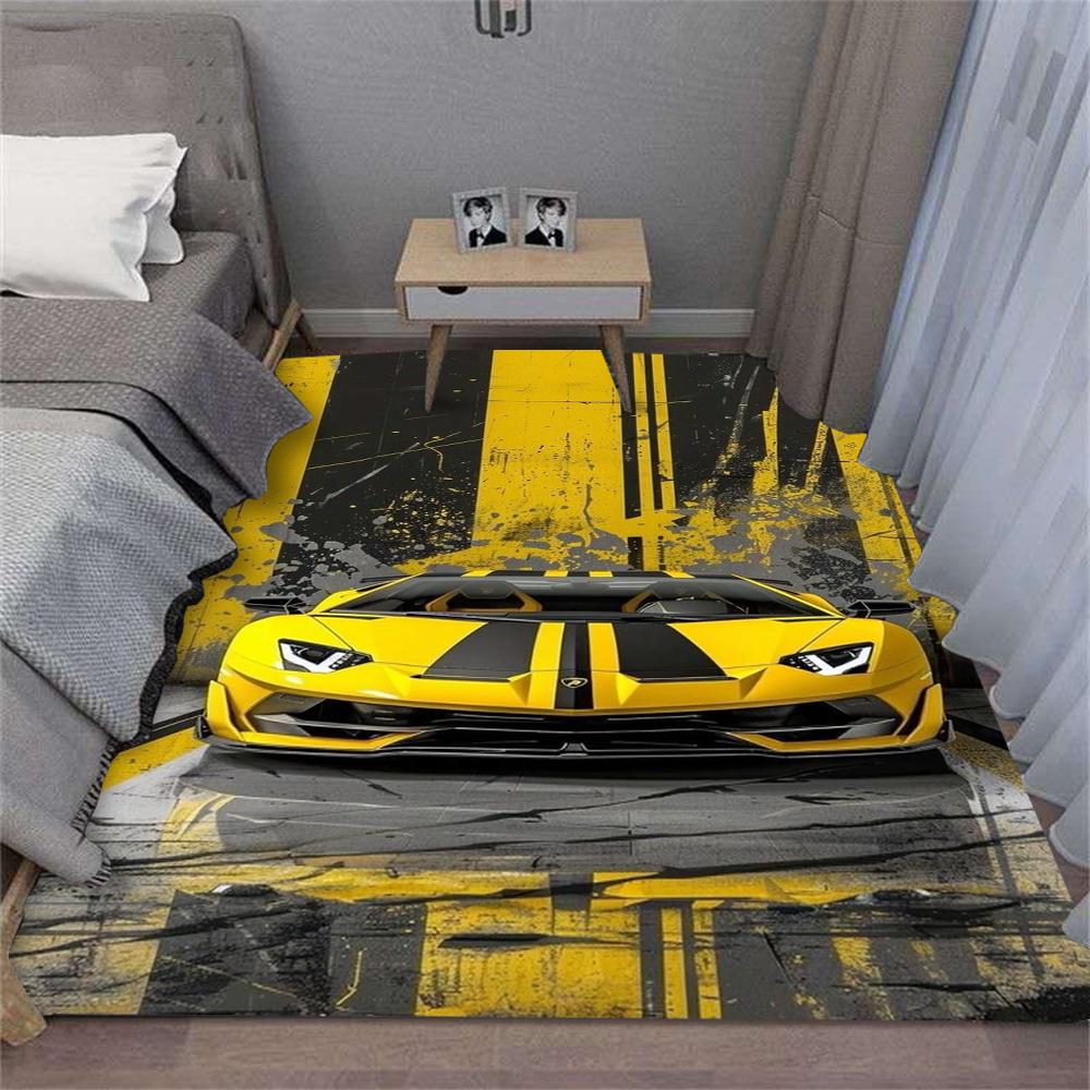 Turuncu Yarış Arabası Halısı Spor Araç Tasarımı Dinamik Desen Geniş Alan Halısı Yatak Odası Oturma Odası Zemin Matı